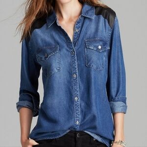Rails Ashlyn Women's Chambray Button Down Leather Shoulders Shirt Size S